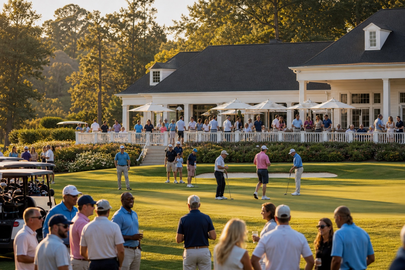 Golf tournament in progress with attendees at the clubhouse and on the course